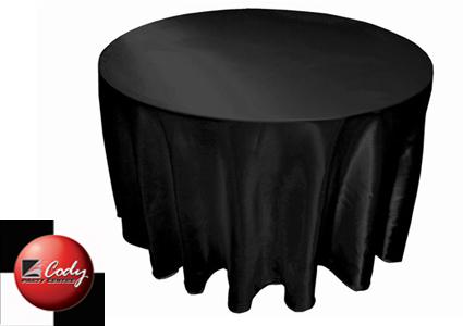 Round Black Tablecloth - Satin (120") at Cody Party Store & Rentals