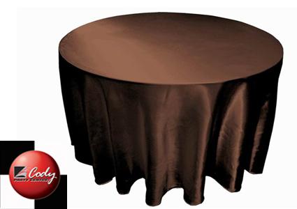 Round Chocolate Tablecloth - Satin (120") at Cody Party Store & Rentals