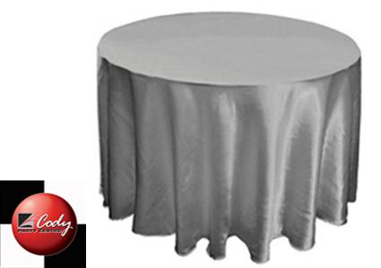 Round Silver Tablecloth - Satin (120") at Cody Party Store & Rentals